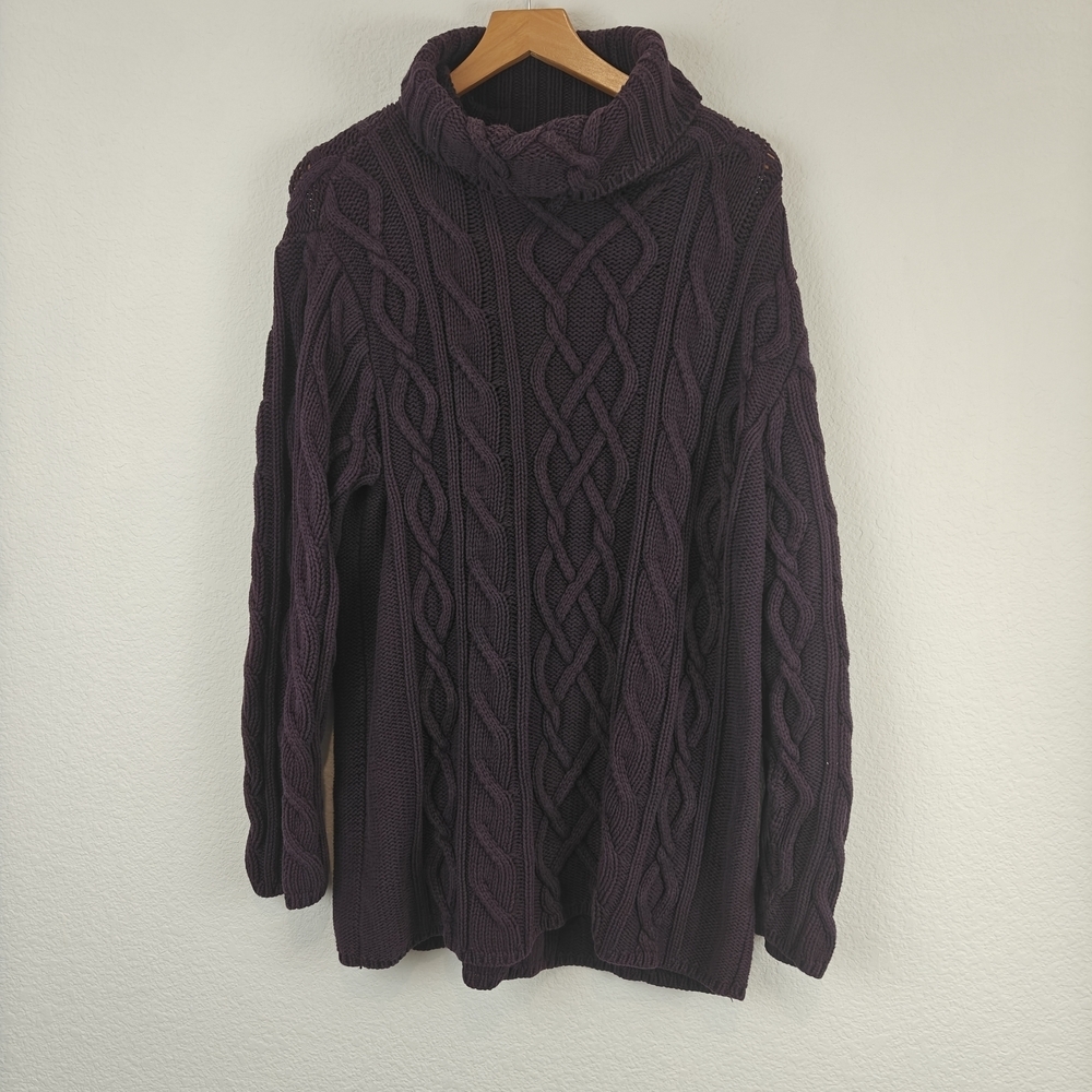 Bryn Walker Cotton Turtleneck Chunky Cable Knit Sweater In Eggplant Purple Sz LG - Picture 1 of 11